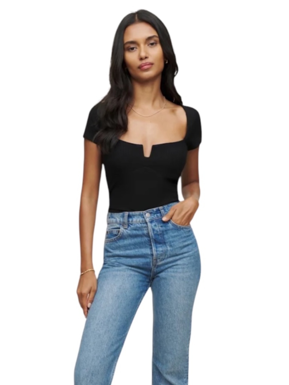 Size M Reformation Emely Knit Top with Structured Front Notch Black
